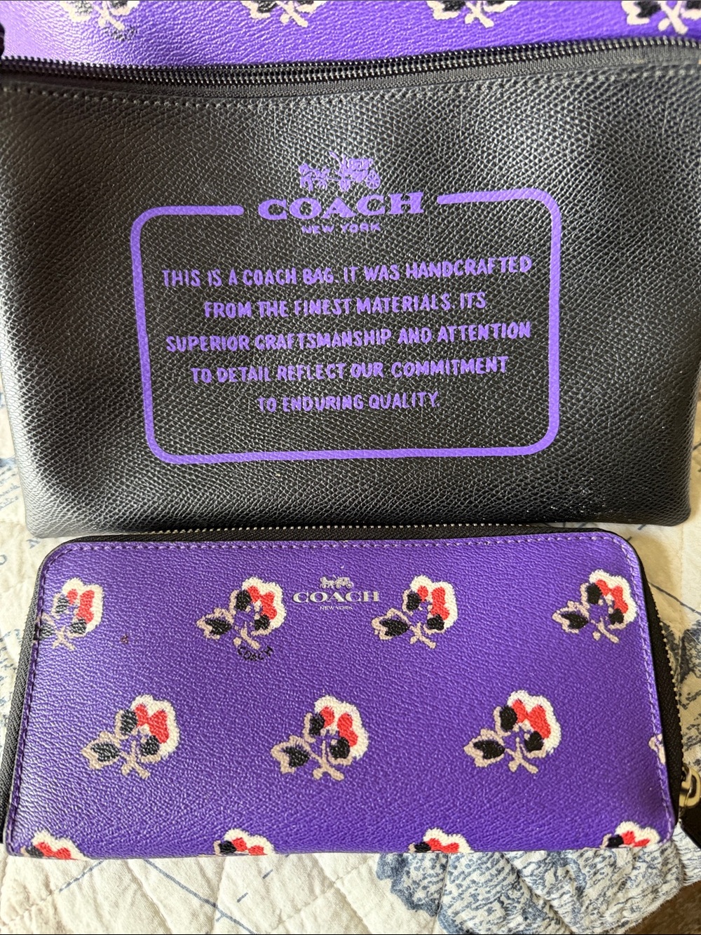 COACH Purple Floral Tote with Black Pouch